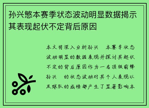孙兴慜本赛季状态波动明显数据揭示其表现起伏不定背后原因